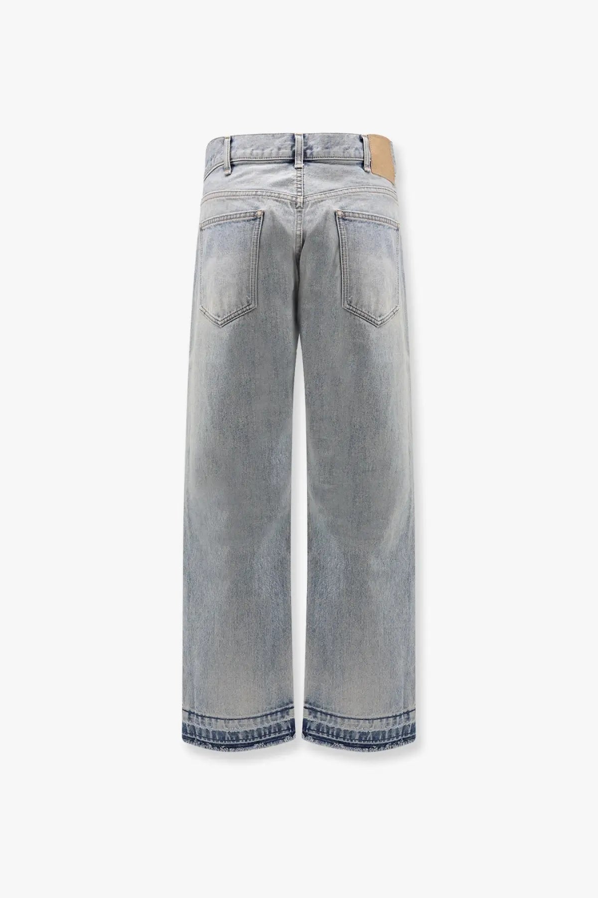 Celine men’s Wesley Zuma wash light-wash denim jeans with wide-leg cut and frayed hems in front view