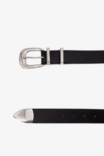 Celine men’s western leather belt black with silver-toned buckle and tip made of black leather