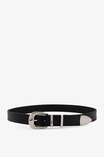 Celine men’s western leather belt black featuring a silver-toned buckle and matching metal tip