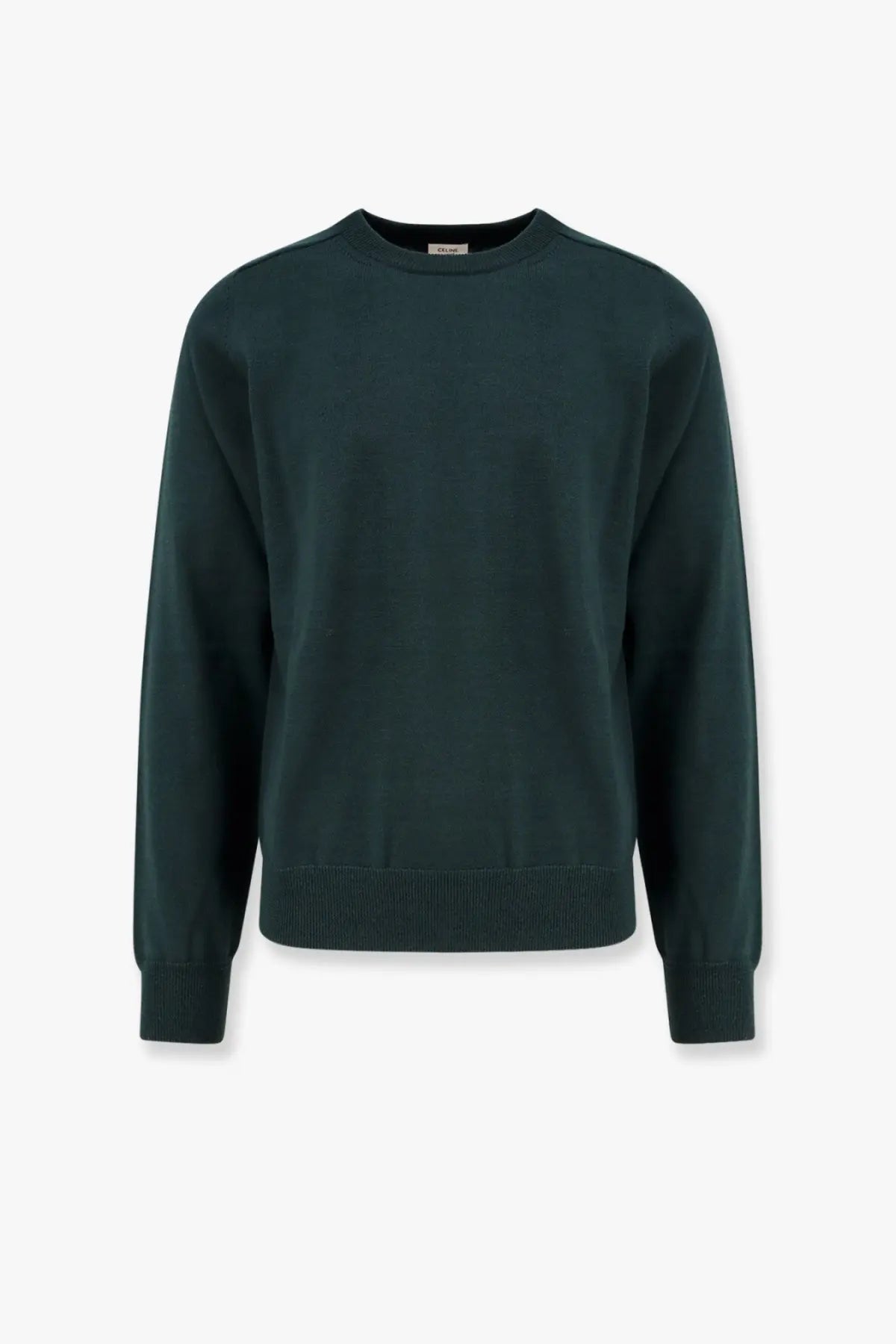 Dark green Celine men’s wool crewneck sweater with ribbed cuffs and hem perfect for casual wear