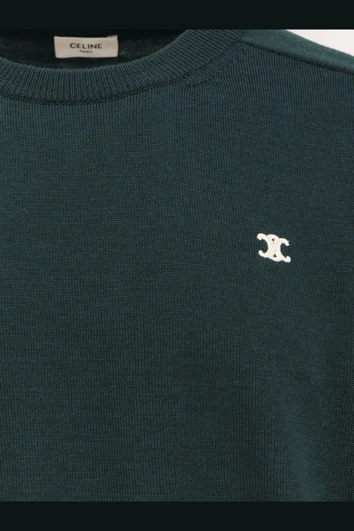 Dark green Celine men’s wool crewneck sweater with white embroidered logo on the chest