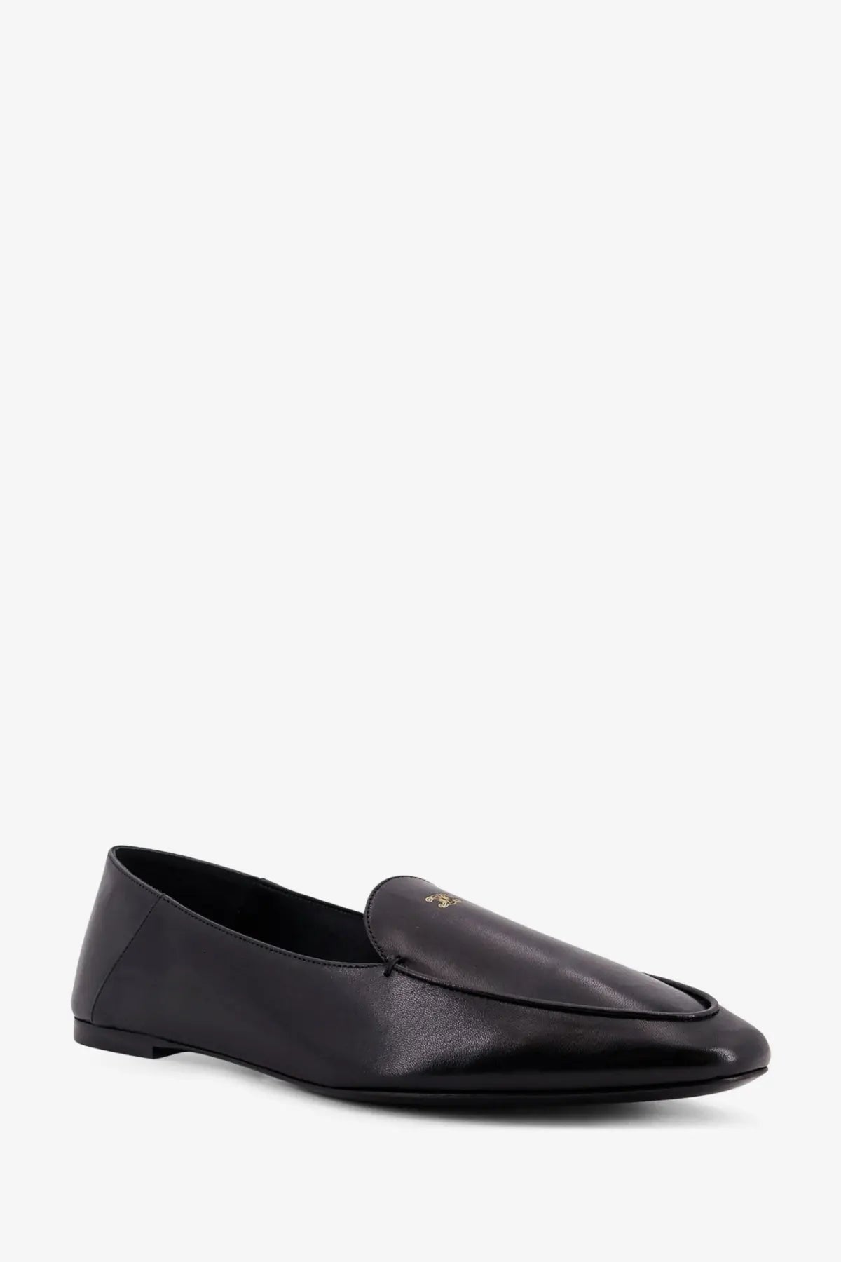 Celine women’s aura slip on black leather loafer with sleek minimalist design and subtle gold logo on vamp