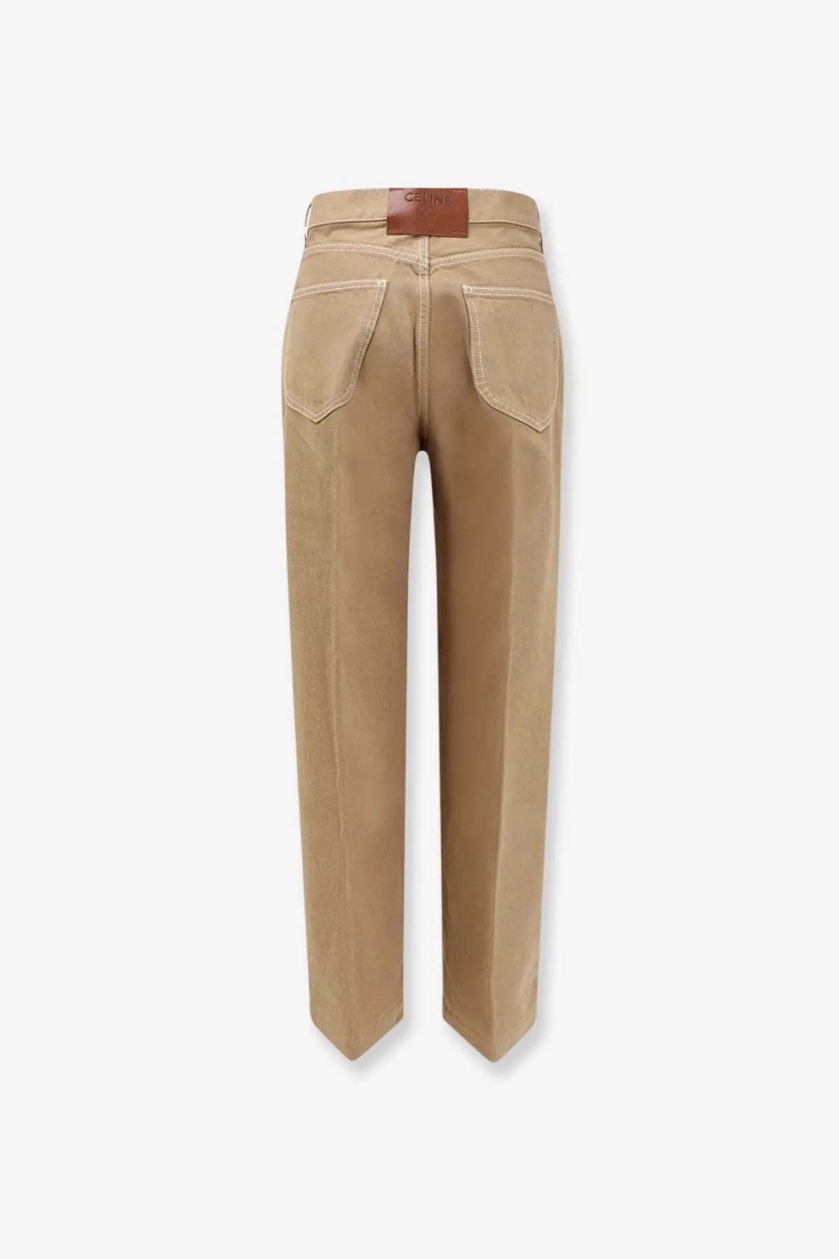 Beige high-rise straight-leg cotton trousers with brown leather brand patch at waistband from celine womens collection