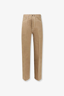 Celine women’s tan high-rise straight-leg cotton twill trousers with five-pocket design and subtle stitching details