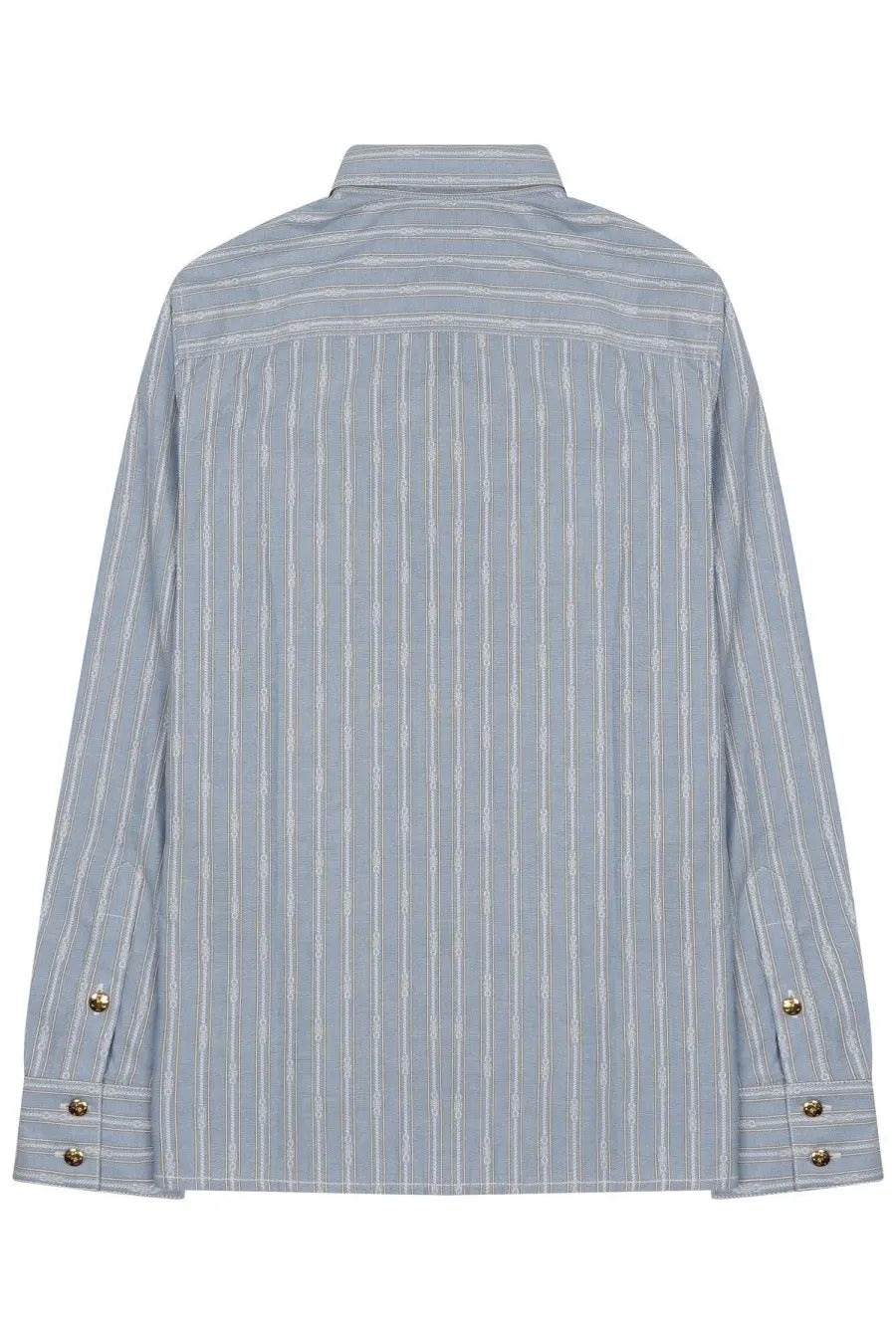 Celine women’s camicia light blue cotton button-down shirt with subtle white stripes and gold-toned buttons