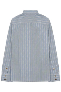 Celine women’s camicia light blue cotton button-down shirt with subtle white stripes and gold-toned buttons