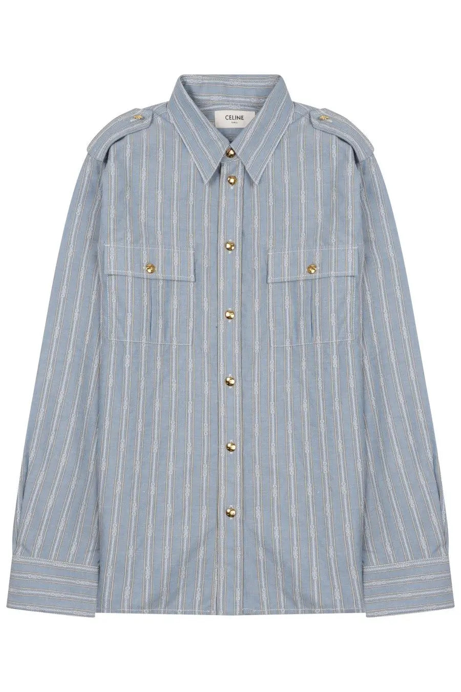 Celine women’s camicia in blue cotton with light blue and white stripes gold-tone buttons collar pockets and epaulets