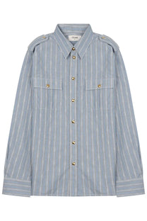 Celine women’s camicia in blue cotton with light blue and white stripes gold-tone buttons collar pockets and epaulets