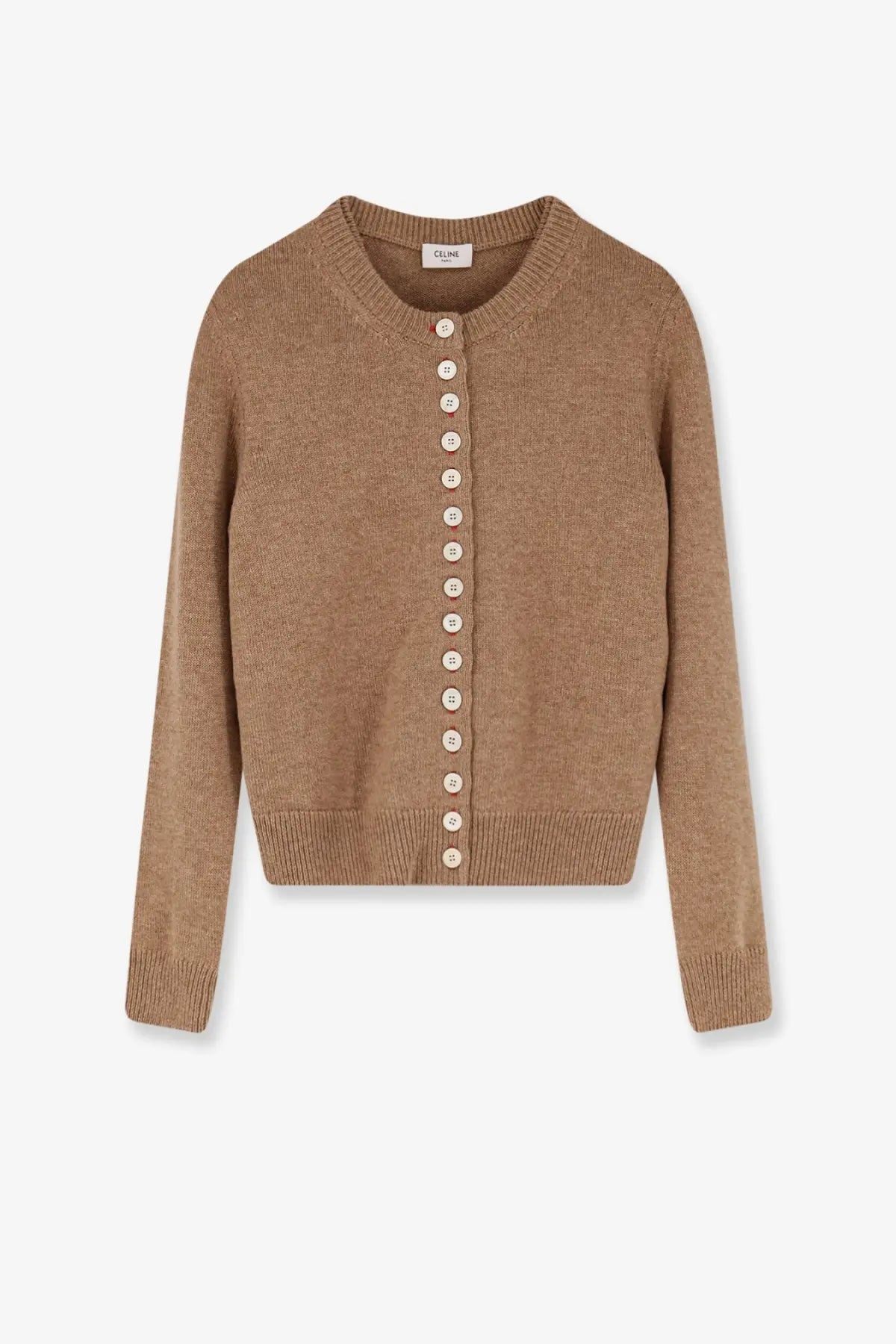 Camel-colored celine womens cashmere cardigan with ribbed neckline cuffs hem and cream buttons down the front
