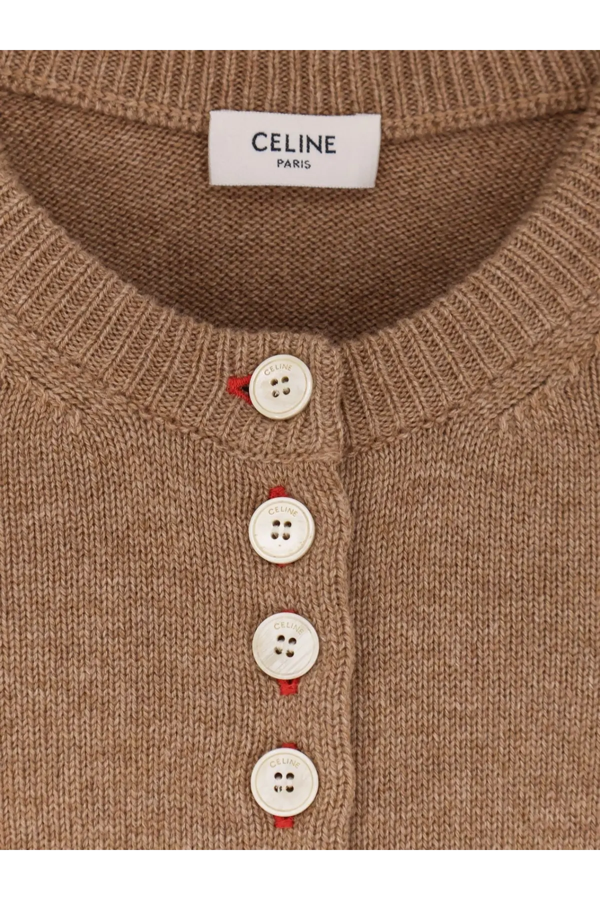 Celine women’s beige cashmere cardigan with cream buttons featuring logo and red thread accents