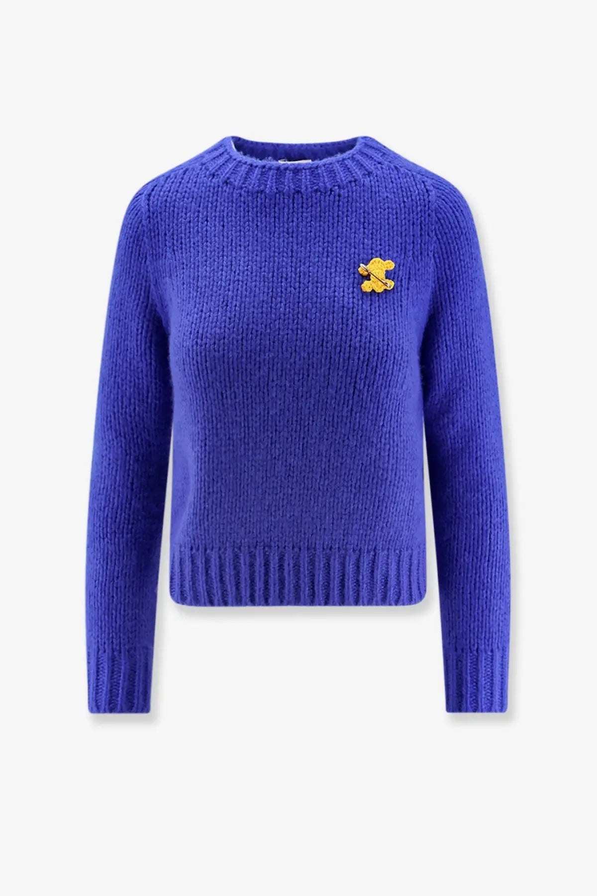 Celine women’s royal blue cashmere silk blend ribbed knit sweater with small yellow bear pin on left chest