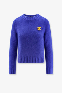Celine women’s royal blue cashmere silk blend ribbed knit sweater with small yellow bear pin on left chest
