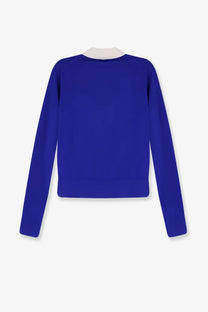 Celine women’s royal blue cashmere and silk long-sleeved polo shirt with cream ribbed collar