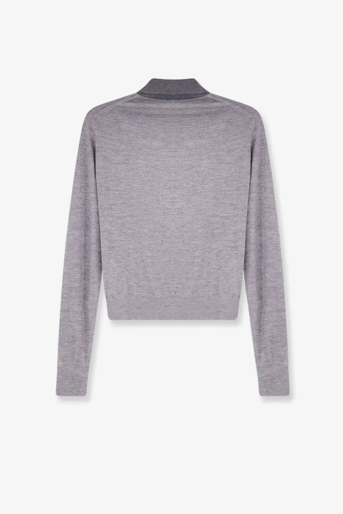 A sleek heather gray long-sleeved knit sweater with ribbed collar and cuffs made of cashmere and silk