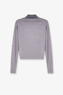 A sleek heather gray long-sleeved knit sweater with ribbed collar and cuffs made of cashmere and silk