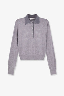 Celine womens cashmere and silk polo shirt in soft heather gray knit with darker collar and matching buttons