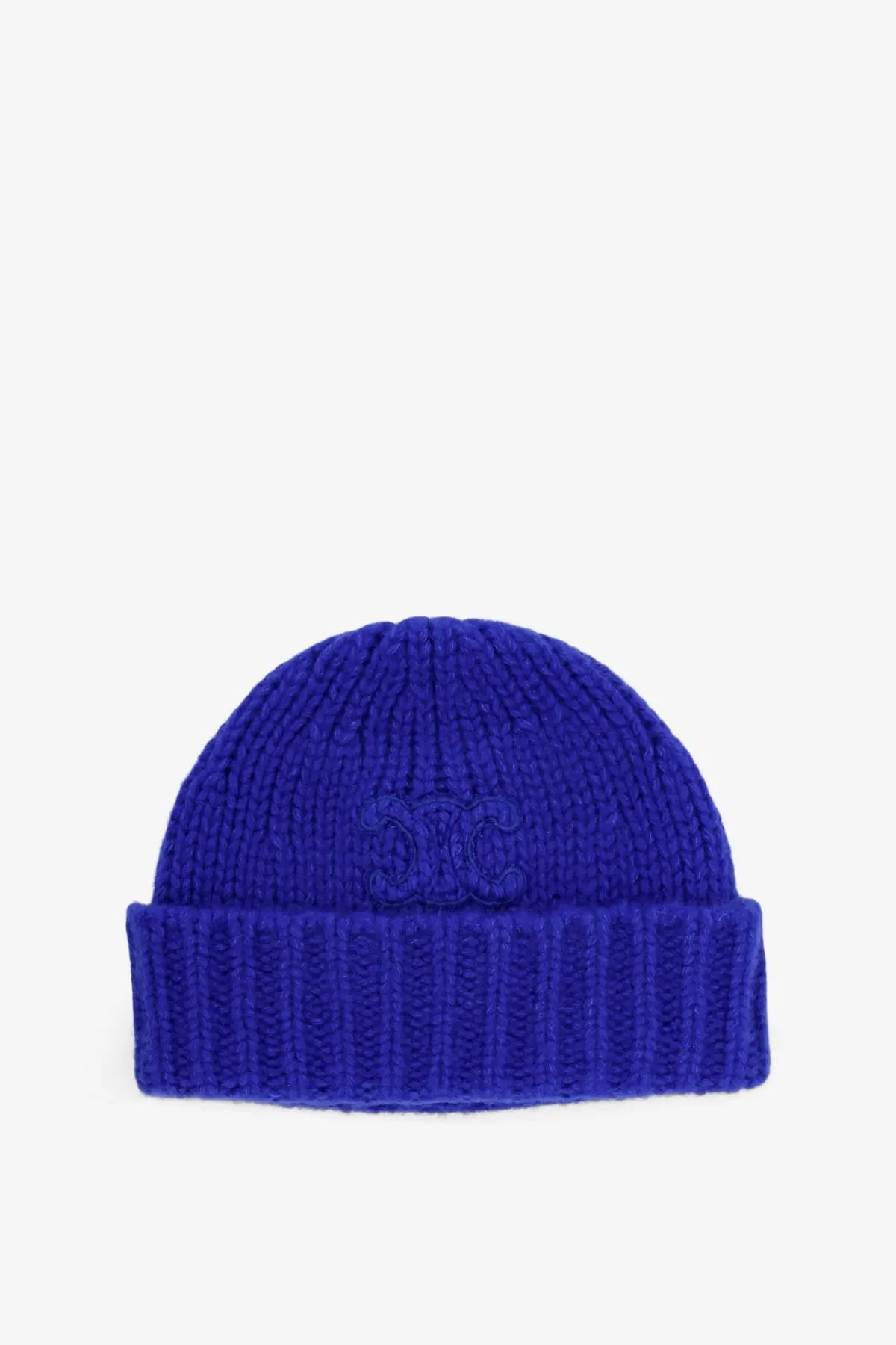 Vibrant royal blue ribbed knit beanie with folded cuff and embroidered logo made of cashmere and silk by Celine