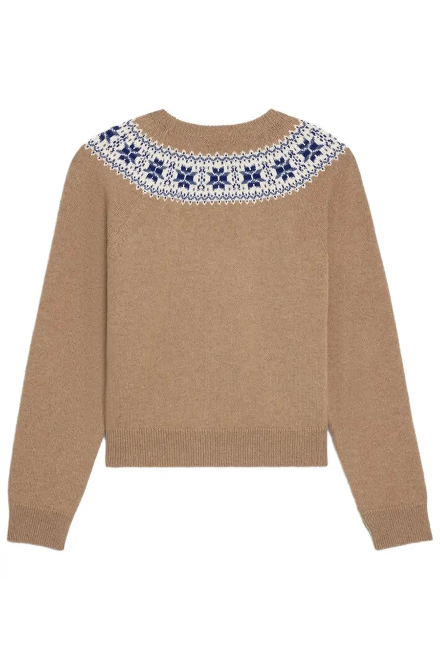 Celine women’s brown cashmere sweater with beige knit and blue and white snowflake pattern around neckline