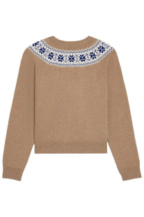 Celine women’s brown cashmere sweater with beige knit and blue and white snowflake pattern around neckline