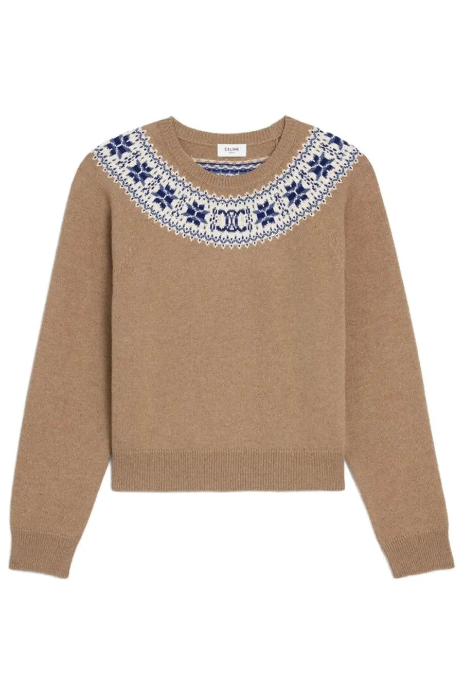 Beige celine women’s cashmere sweater brown with navy and white embroidered nordic pattern around the neckline