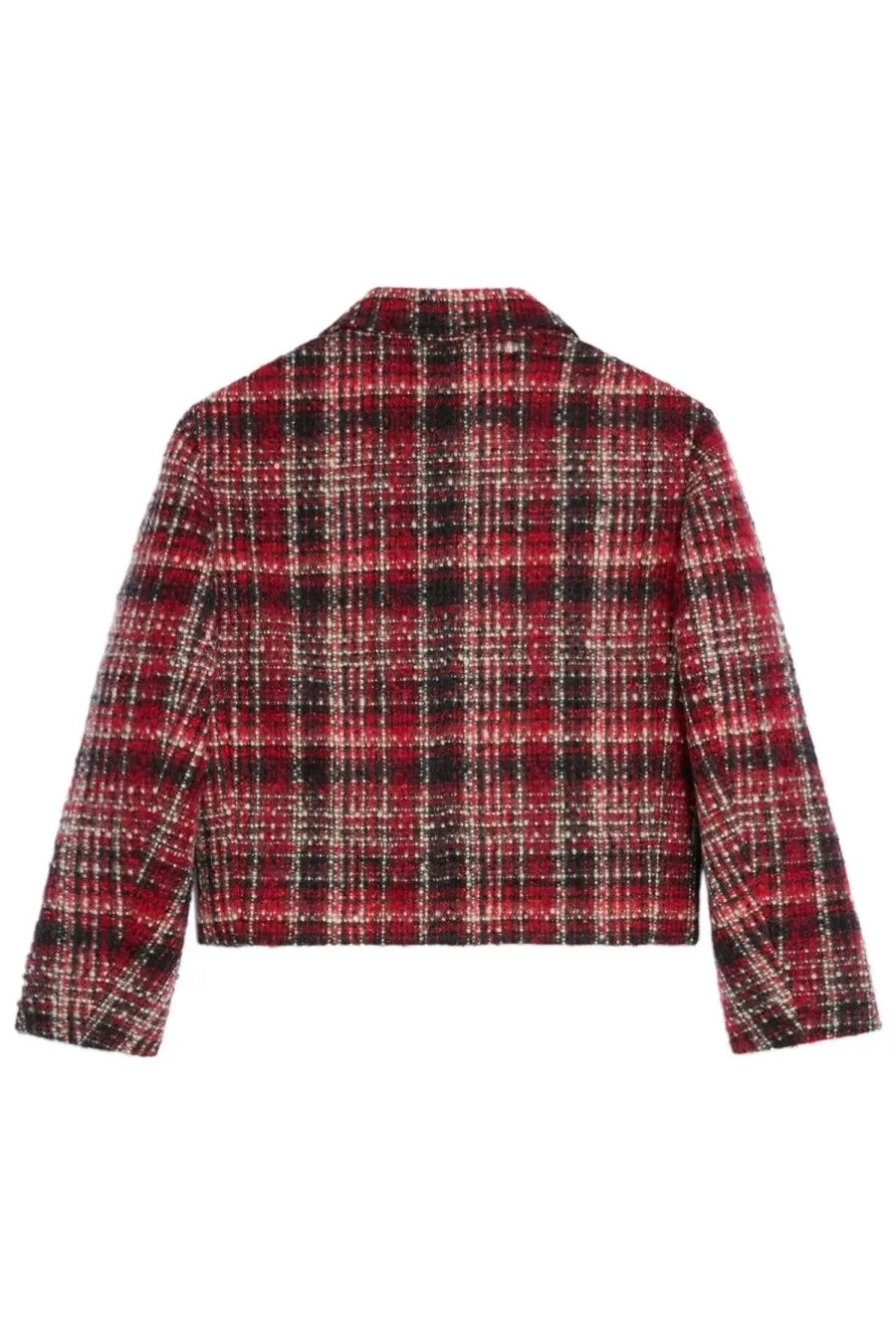 Celine women’s Charlotte jacket red featuring red and black plaid tweed fabric with a cropped fit