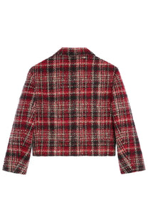 Celine women’s Charlotte jacket red featuring red and black plaid tweed fabric with a cropped fit