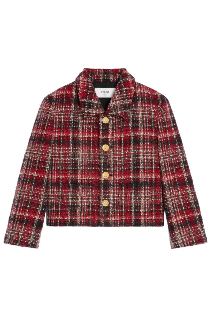 Celine women’s charlotte jacket red is a red and black plaid tweed cropped jacket with gold-tone buttons