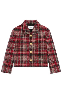 Celine women’s charlotte jacket red is a red and black plaid tweed cropped jacket with gold-tone buttons