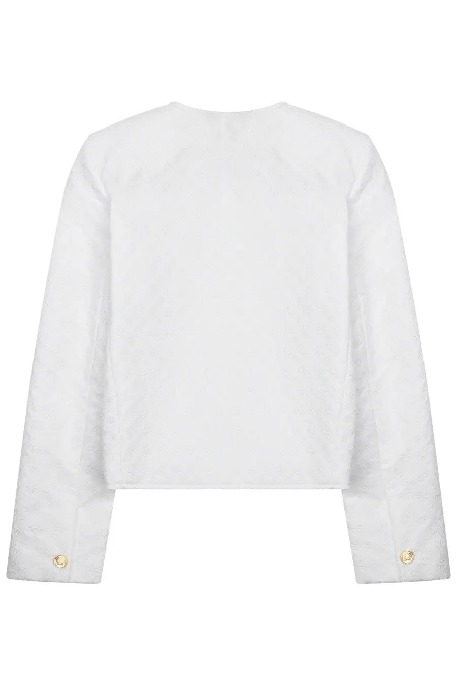 Celine women’s Chelsea jacket white cropped blazer with long sleeves and gold toned button cuffs