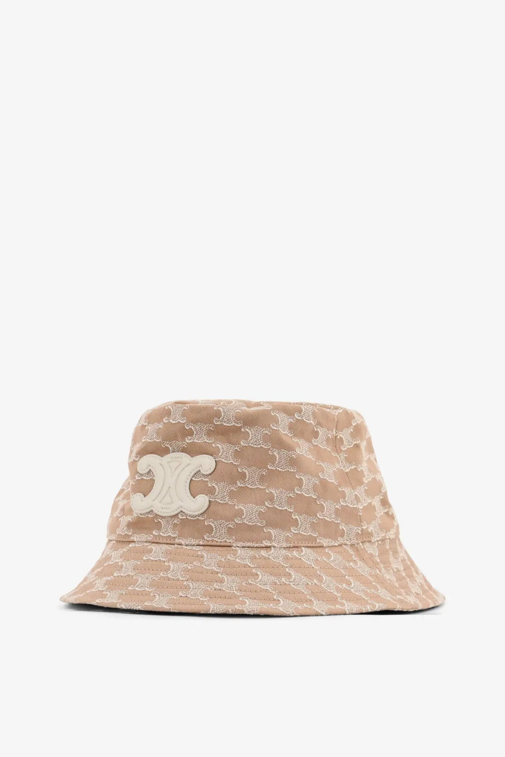 Beige cotton bucket hat for women by celine with repeating logo pattern and cream embroidered cc emblem on front