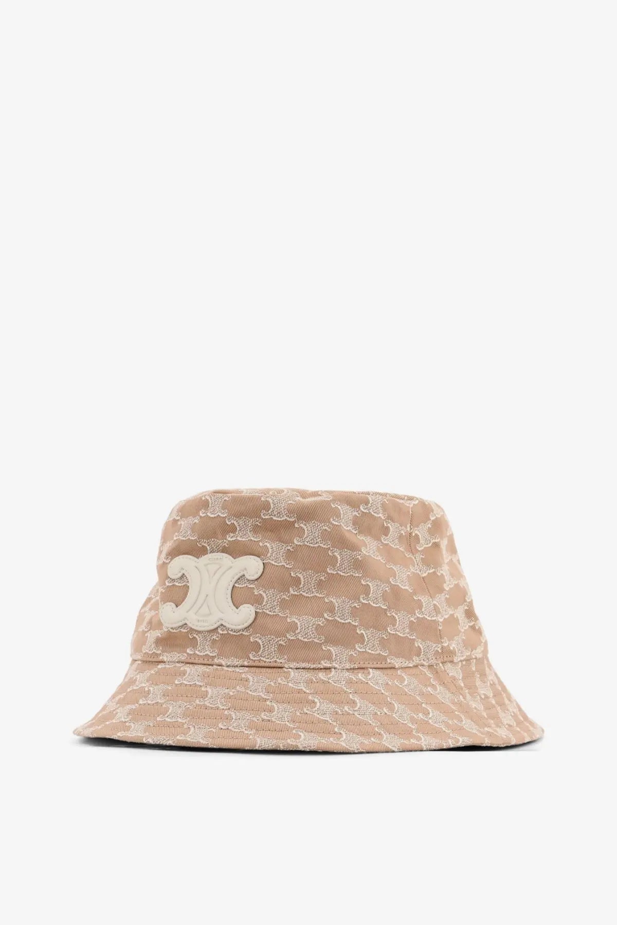 Beige cotton bucket hat for women by celine with repeating logo pattern and cream embroidered cc emblem on front