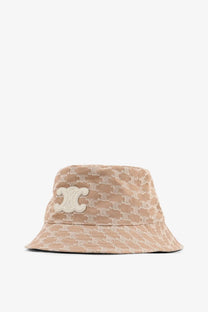 Beige cotton bucket hat for women by celine with repeating logo pattern and cream embroidered cc emblem on front