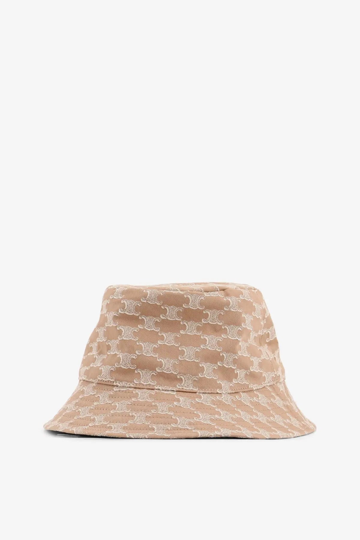 Celine women’s brown cotton bucket hat with beige tonal repeating logo pattern for stylish sun protection