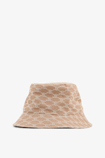 Celine women’s brown cotton bucket hat with beige tonal repeating logo pattern for stylish sun protection