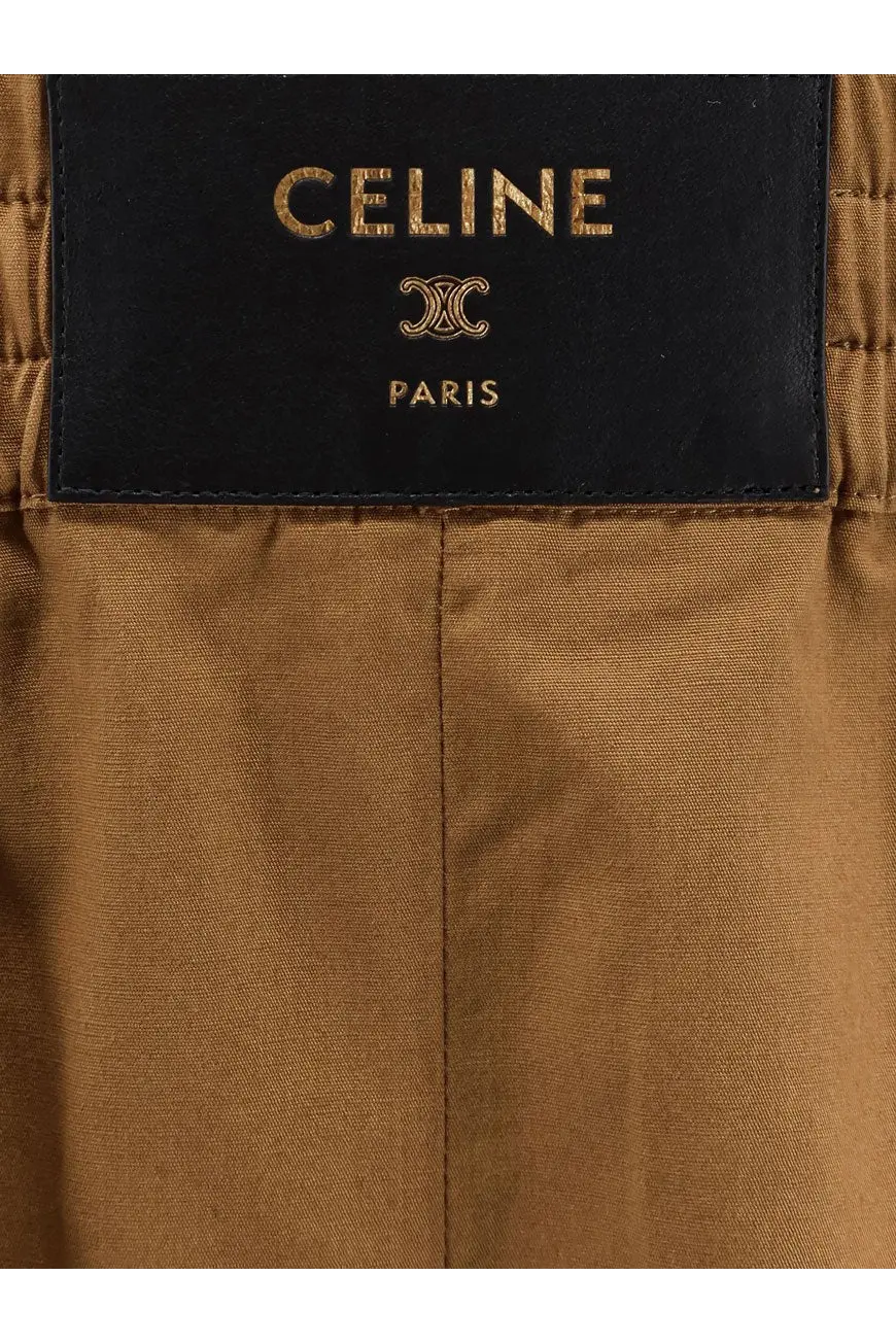 Celine paris label on tan cotton and linen fabric of womens brown shorts