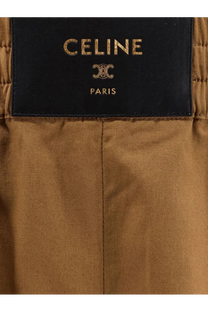 Celine paris label on tan cotton and linen fabric of womens brown shorts