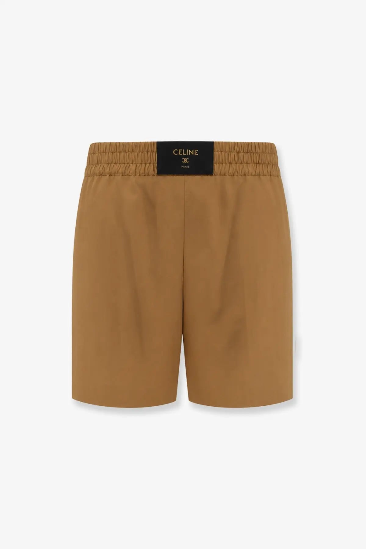 Celine womens tan cotton and linen shorts with a black waistband featuring the brand logo in front view