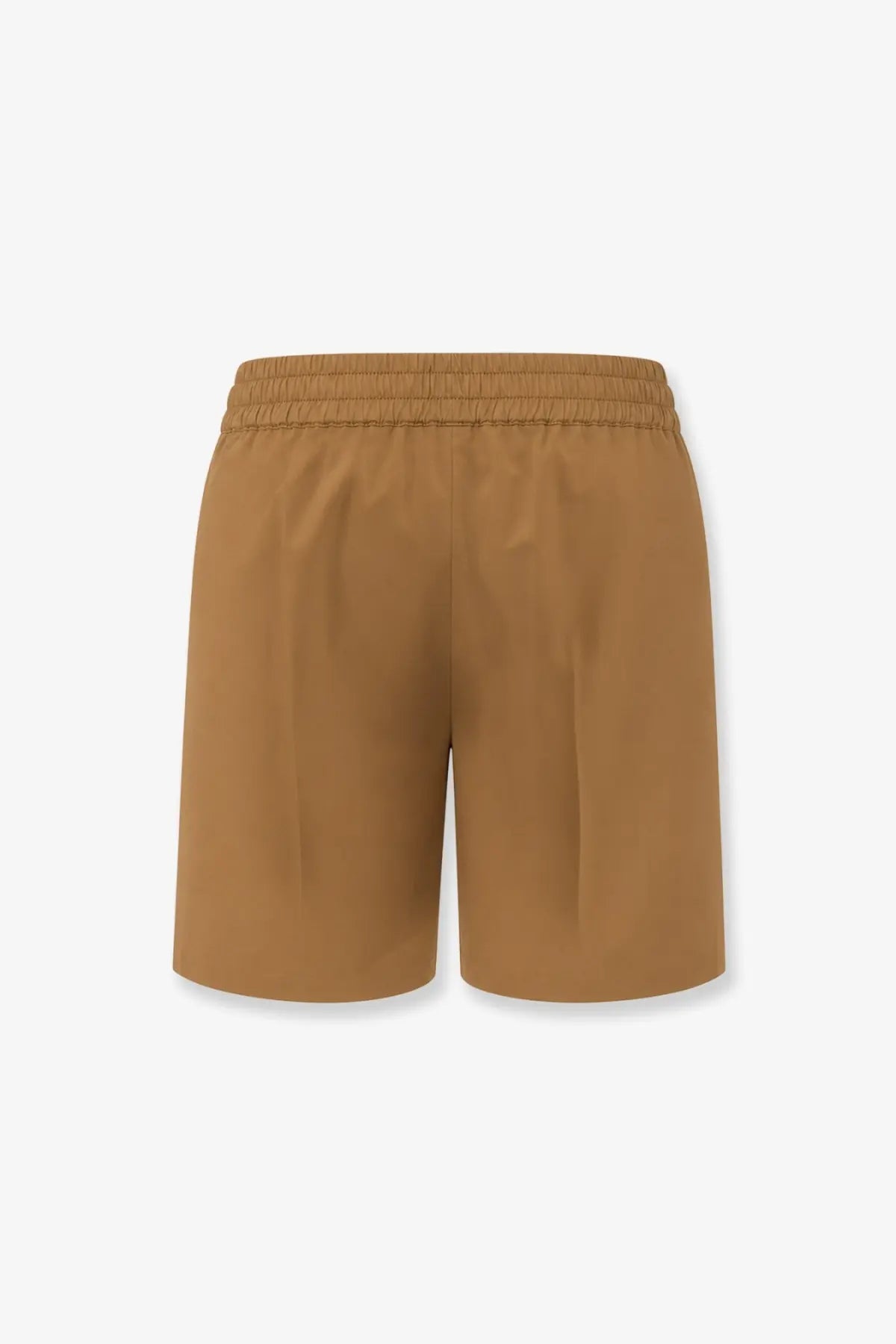 Celine women’s cotton and linen brown shorts with tan sleek fabric and elastic waistband front view