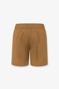 Celine women’s cotton and linen brown shorts with tan sleek fabric and elastic waistband front view