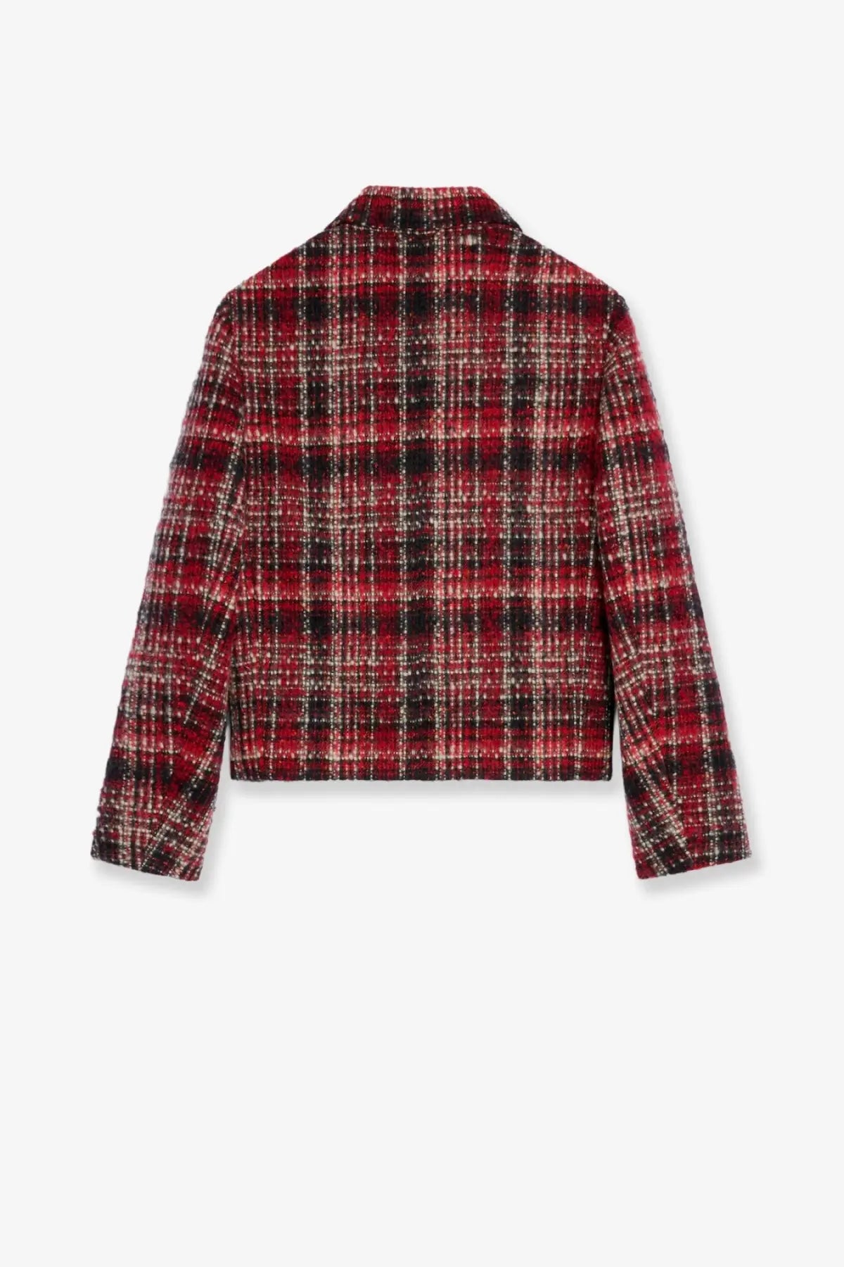 Red and black plaid cotton and mohair tweed blazer with classic collar from Celine women’s collection white background