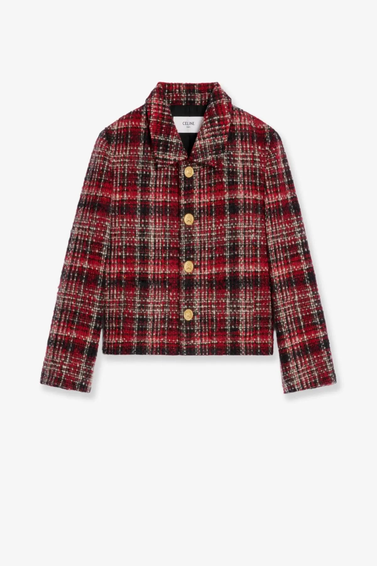 Celine women’s red and black plaid cotton and mohair tweed blazer with gold-tone buttons