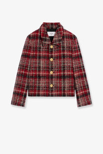 Celine women’s red and black plaid cotton and mohair tweed blazer with gold-tone buttons