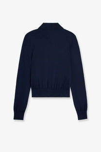 Navy blue cropped cotton knit sweater with stand-up collar and ribbed cuffs from Celine women’s collection