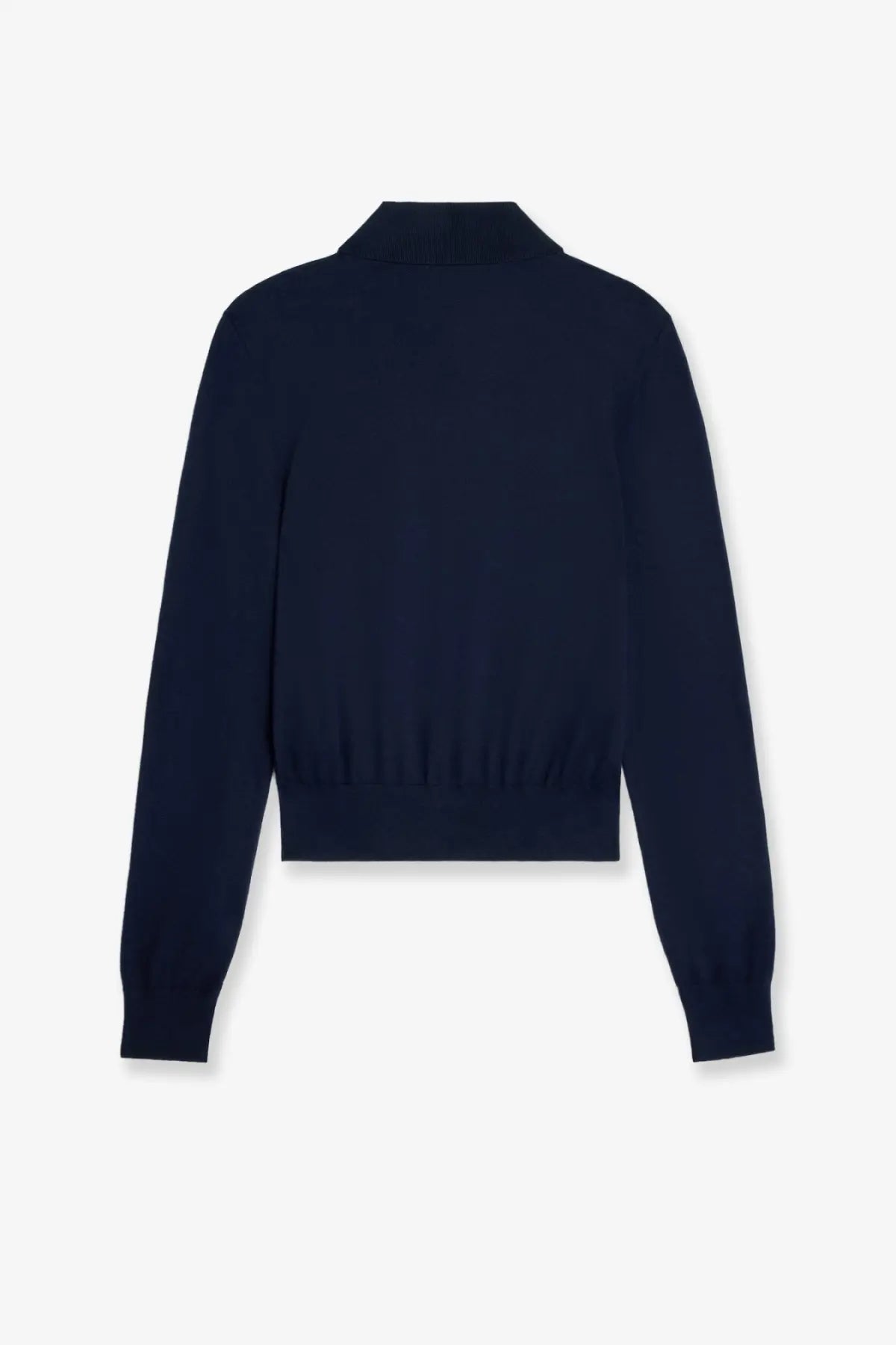 Celine women’s navy blue cotton polo sweater with cropped knit design and ribbed stand-up collar and cuffs