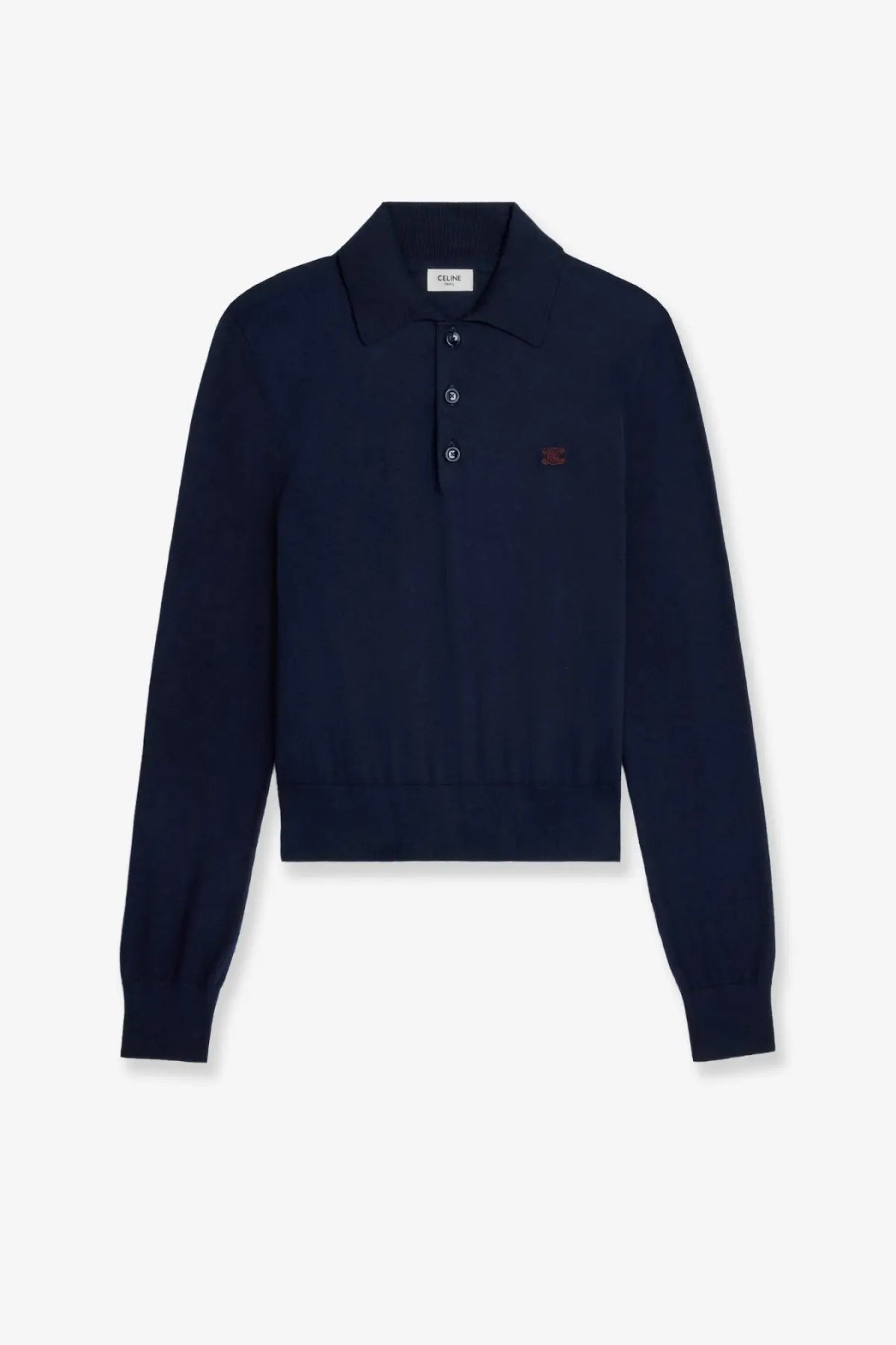 Navy blue Celine women’s cotton knit polo shirt with subtle embroidered logo and white buttons on left chest