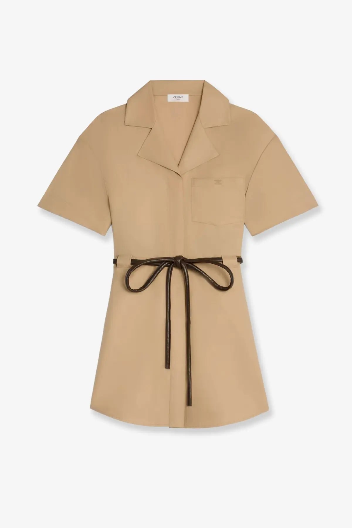 Celine women’s beige cotton and silk short-sleeved shirt dress with collar, front pocket, and brown leather tie belt