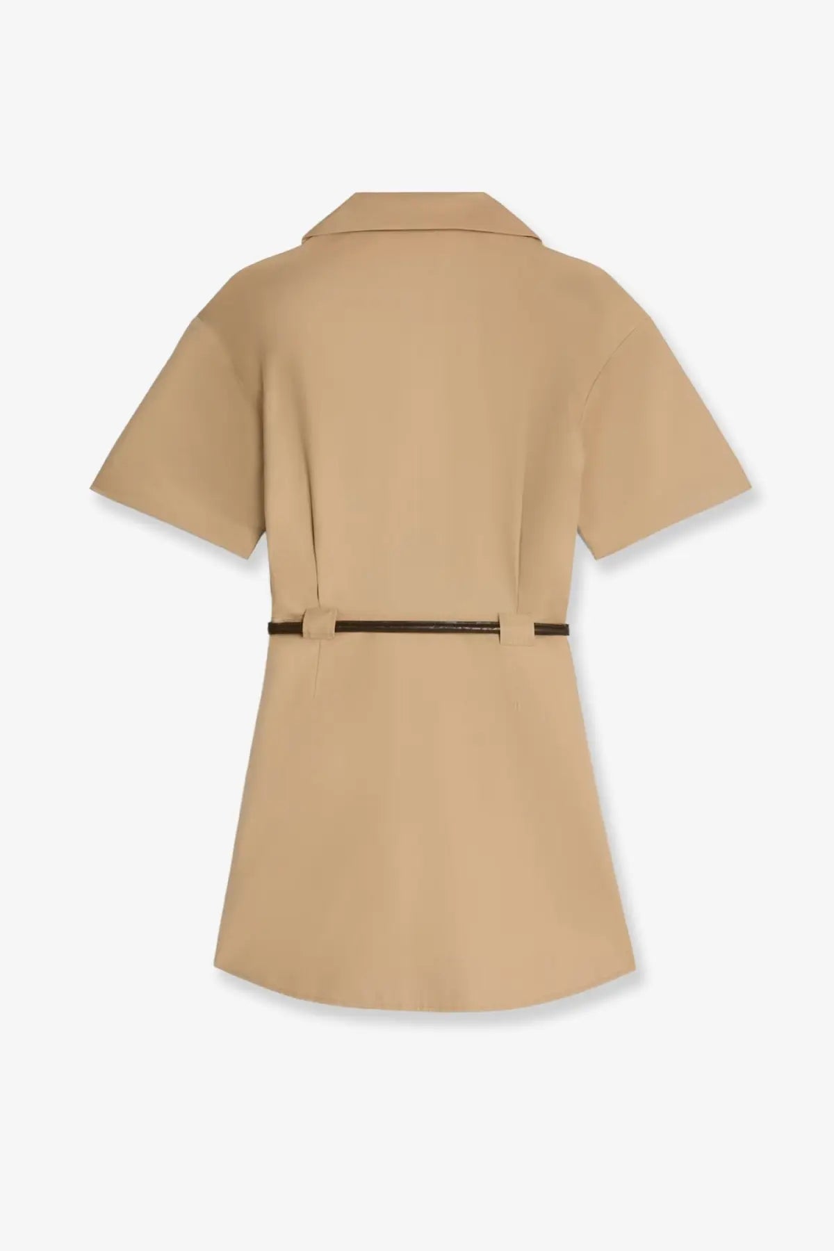 Celine women’s beige short-sleeved cotton and silk shirt dress with collar and dark brown waist belt