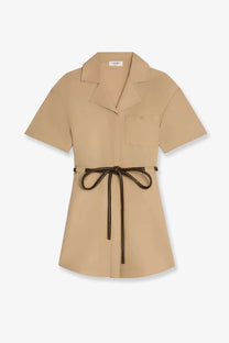 Beige short-sleeved cotton and silk shirt dress with collar front pocket and brown leather tie belt by celine womens