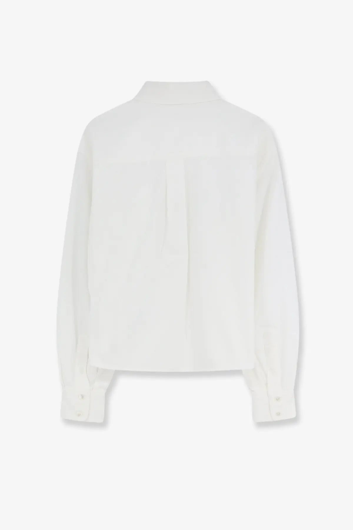 Back of celine women’s cropped denim white button-up shirt with subtle faint logo on denim fabric