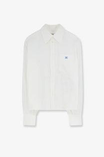 Celine women’s white long-sleeved button-up shirt with subtle embroidered logo on chest pocket